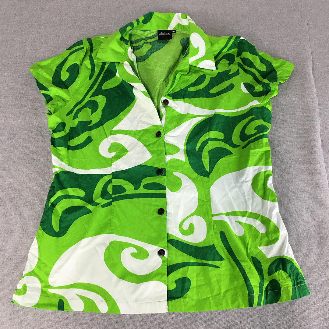 Jackie K Womens Shirt Size 16 Green Funky Hawaiian Loud Button-Up