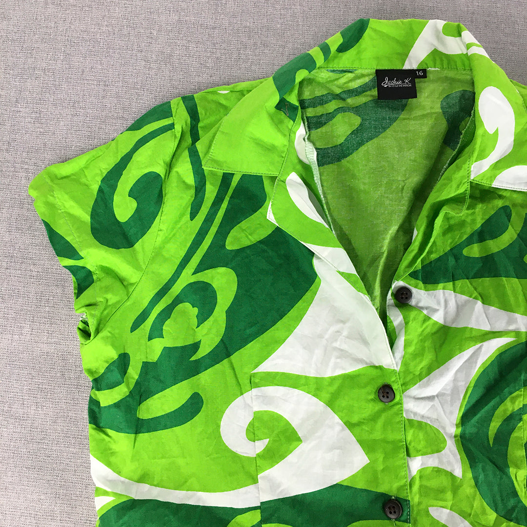 Jackie K Womens Shirt Size 16 Green Funky Hawaiian Loud Button-Up