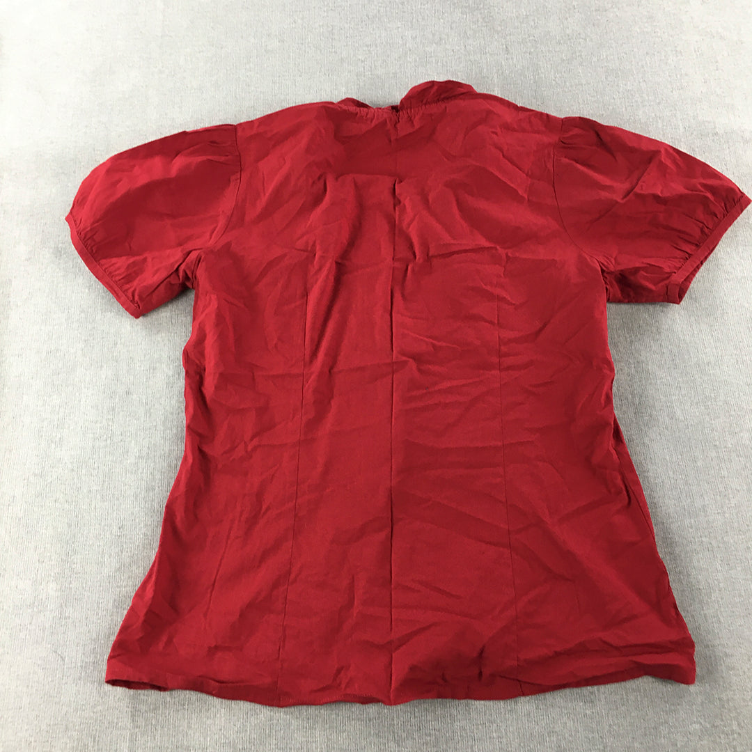 Eprise Womens Top Size M Red Short Sleeve Button-Up Shirt Frilled