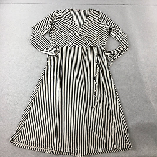 H&M Womens Dress Size L Black & White Striped Long Sleeve V-Neck Midi