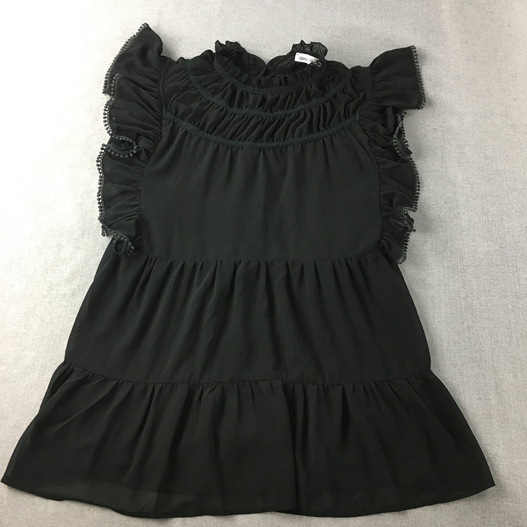 Atmos & Here Womens Mini Dress Size 10 Black Tiered Pleated Frilled Sleeves