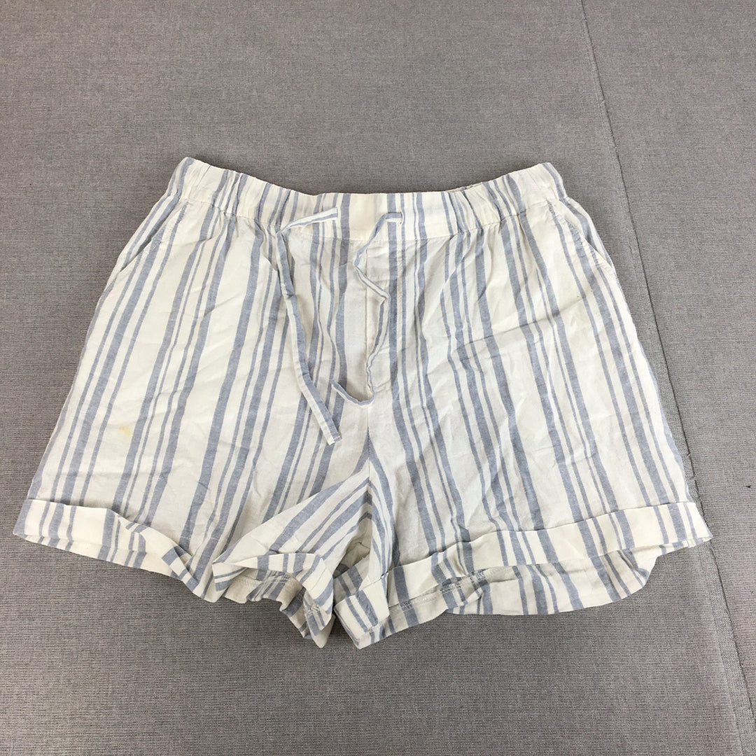 Uniqlo Womens Linen Shorts Size L Bluw White Striped Drawstring