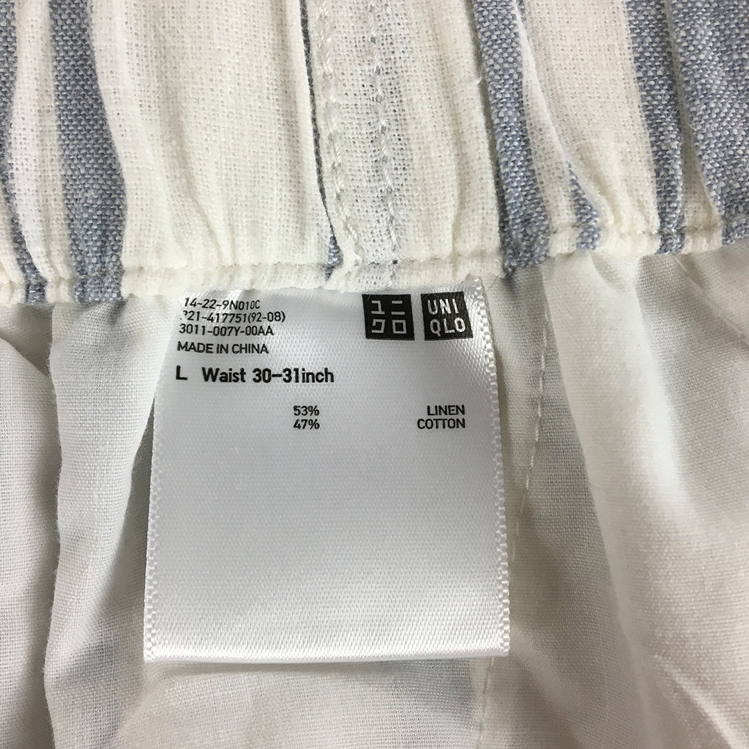 Uniqlo Womens Linen Shorts Size L Bluw White Striped Drawstring