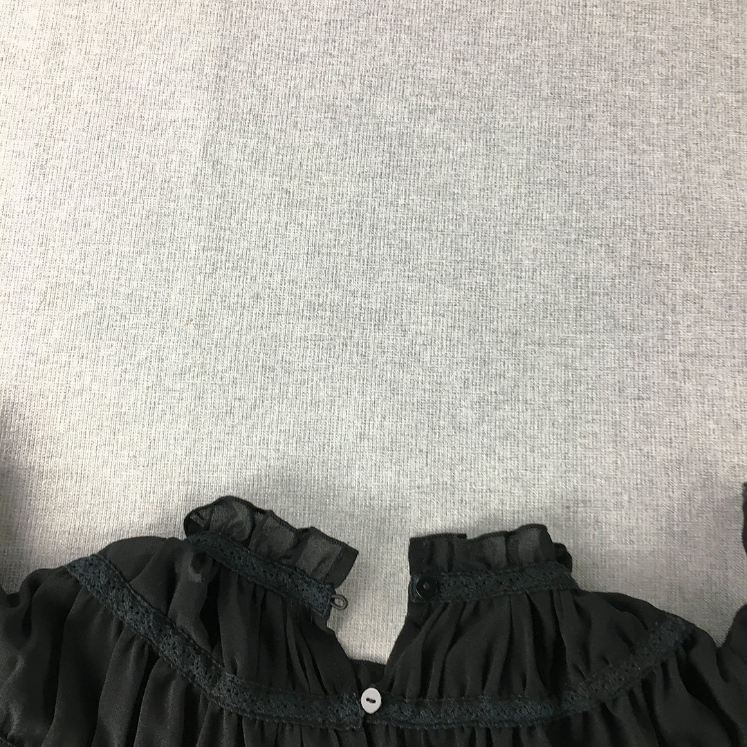 Atmos & Here Womens Mini Dress Size 10 Black Tiered Pleated Frilled Sleeves