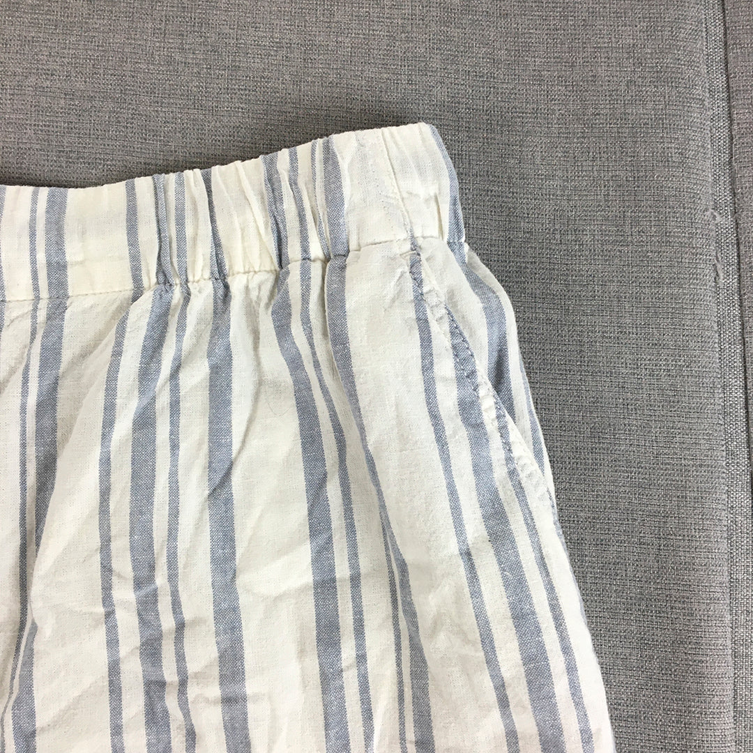 Uniqlo Womens Linen Shorts Size L Bluw White Striped Drawstring