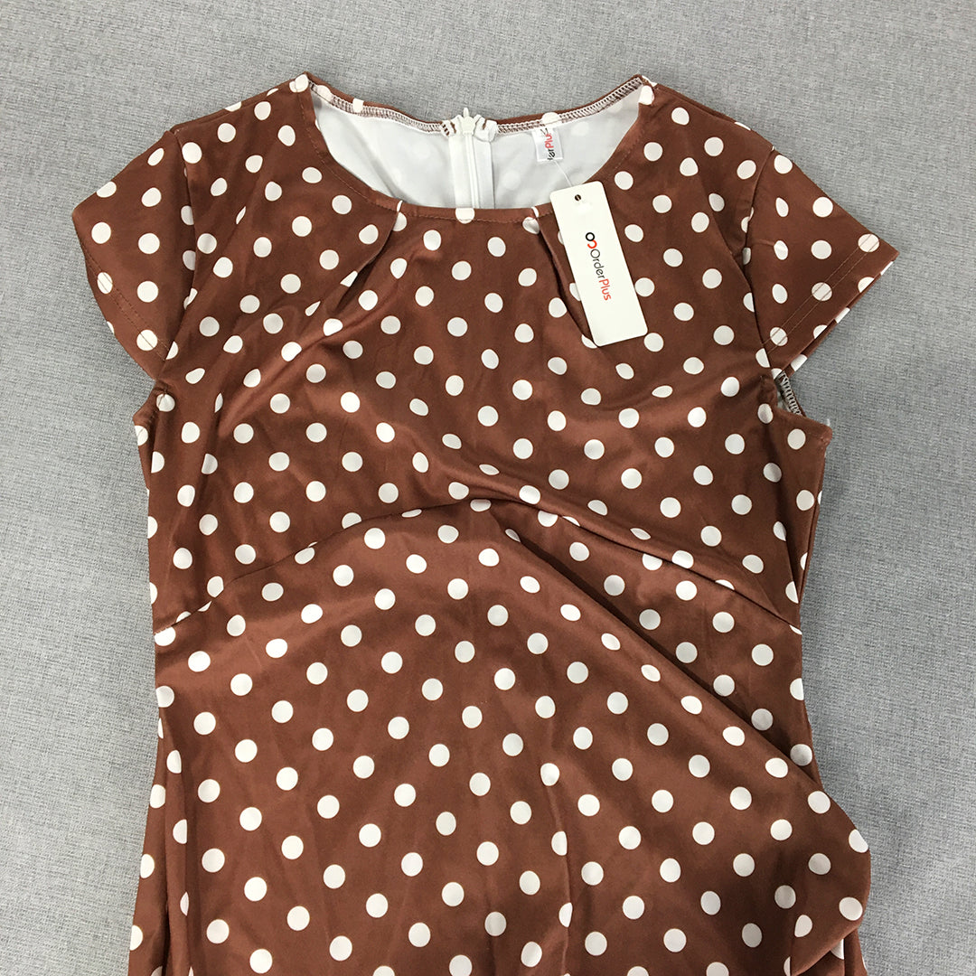 NEW Order Plus Womens Shirt Dress Size M Brown White Polka Dot Midi