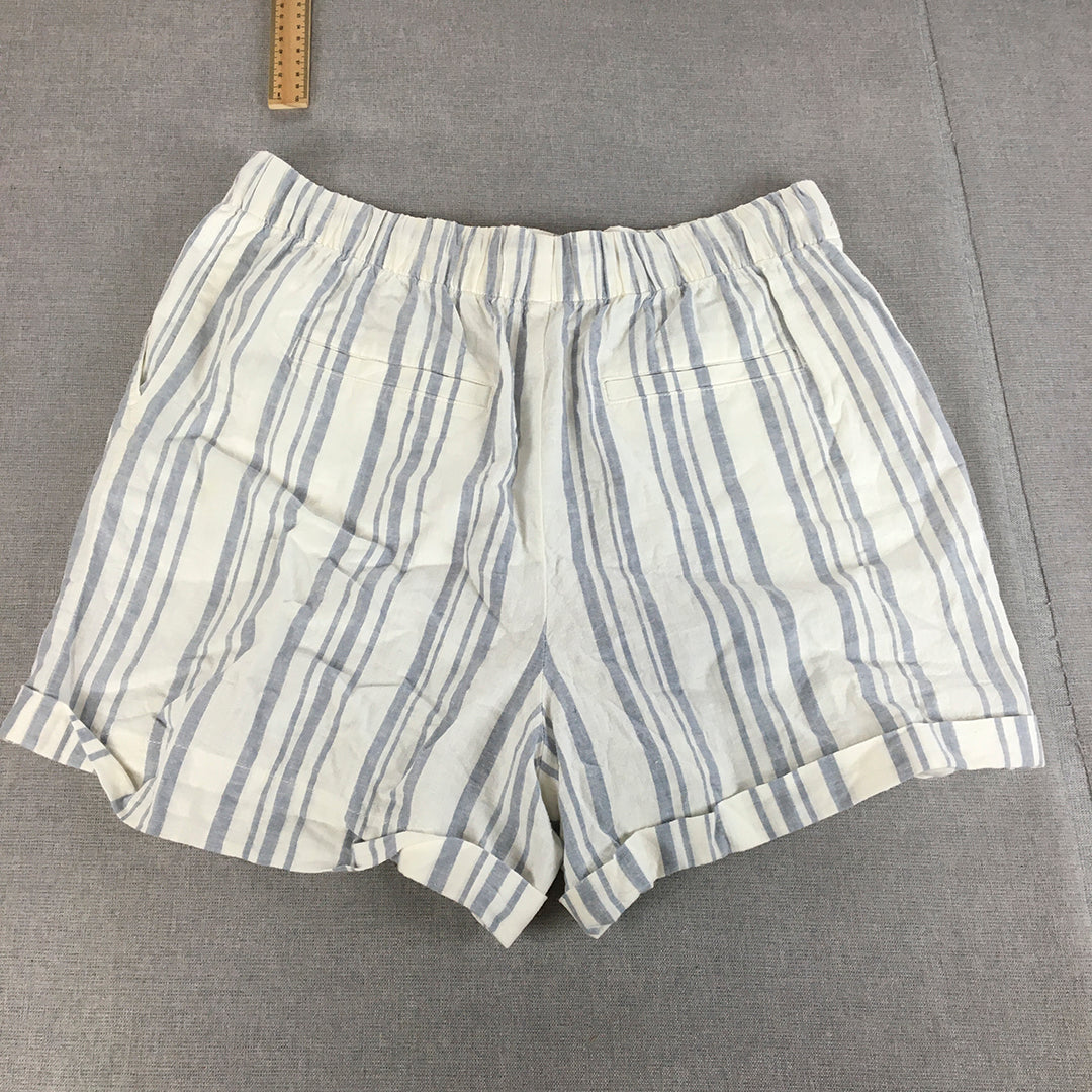 Uniqlo Womens Linen Shorts Size L Bluw White Striped Drawstring