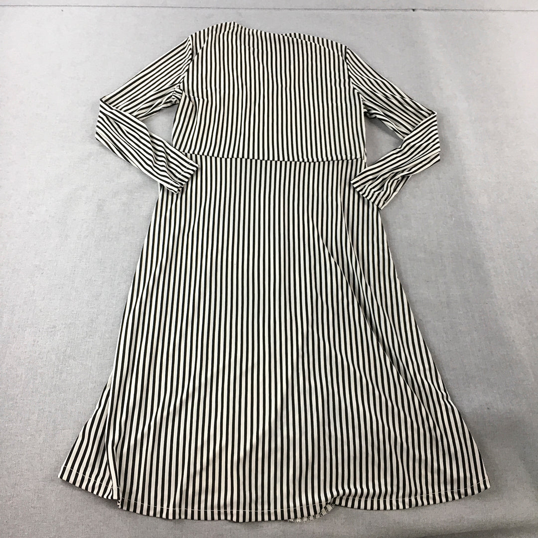 H&M Womens Dress Size L Black & White Striped Long Sleeve V-Neck Midi