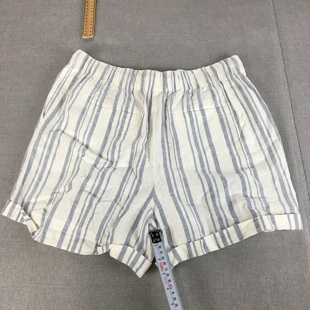 Uniqlo Womens Linen Shorts Size L Bluw White Striped Drawstring