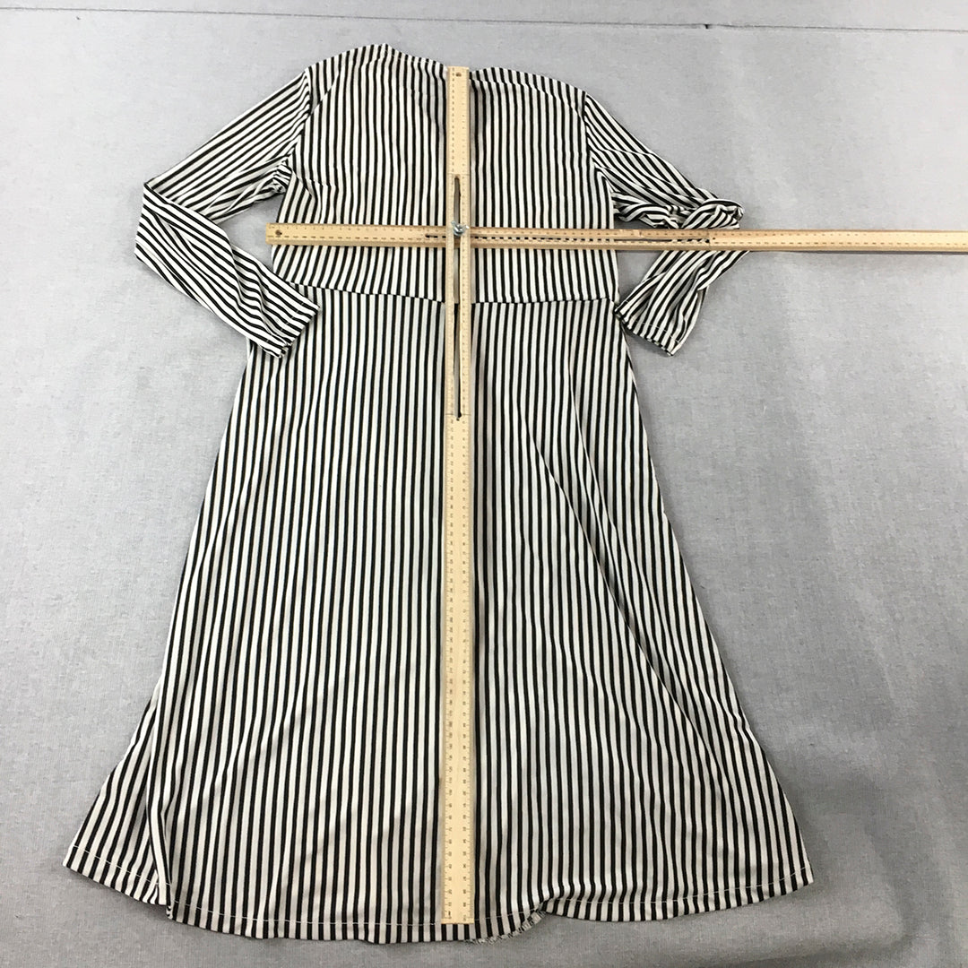 H&M Womens Dress Size L Black & White Striped Long Sleeve V-Neck Midi