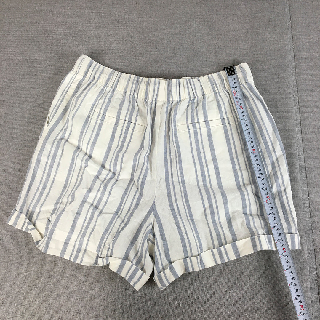 Uniqlo Womens Linen Shorts Size L Bluw White Striped Drawstring