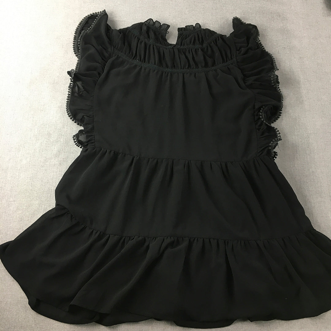 Atmos & Here Womens Mini Dress Size 10 Black Tiered Pleated Frilled Sleeves