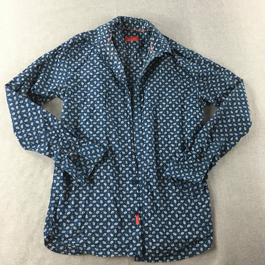 Zara Man Shirt Size L Slim Fit Blue Floral Leaf Pattern Long Sleeve Button-Up