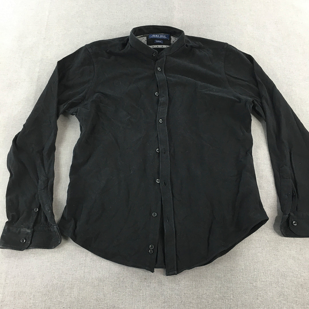 Zara Man Shirt Size L Slim Fit Long Sleeve Collarless Button-Up Black