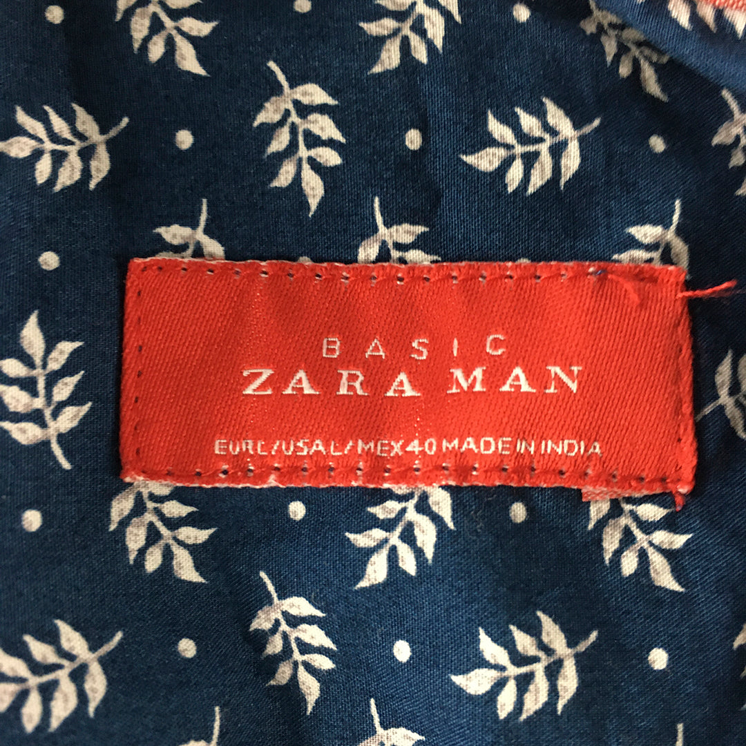 Zara Man Shirt Size L Slim Fit Blue Floral Leaf Pattern Long Sleeve Button-Up