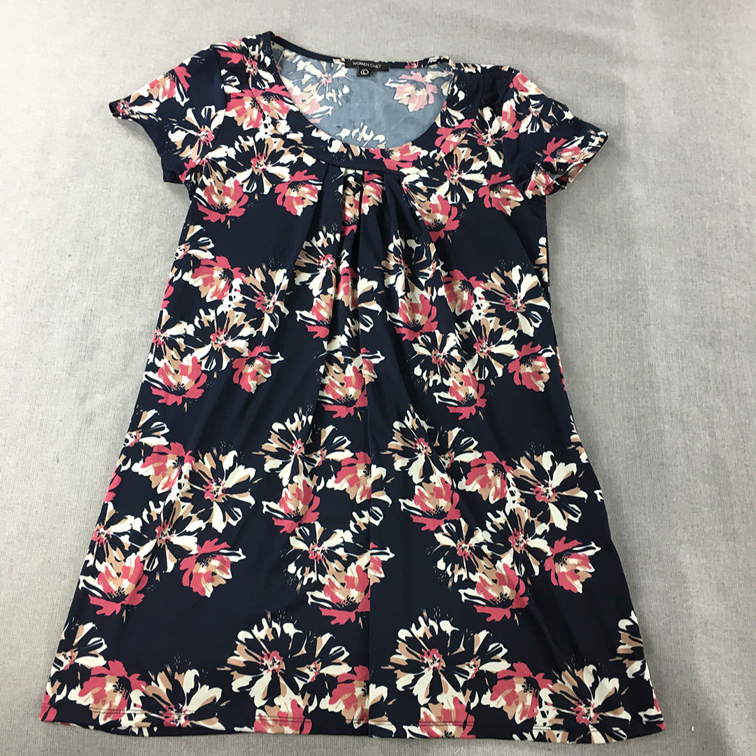 Women Only Mini Dress Size L Navy Blue Floral A-Line Short Sleeve Stretch