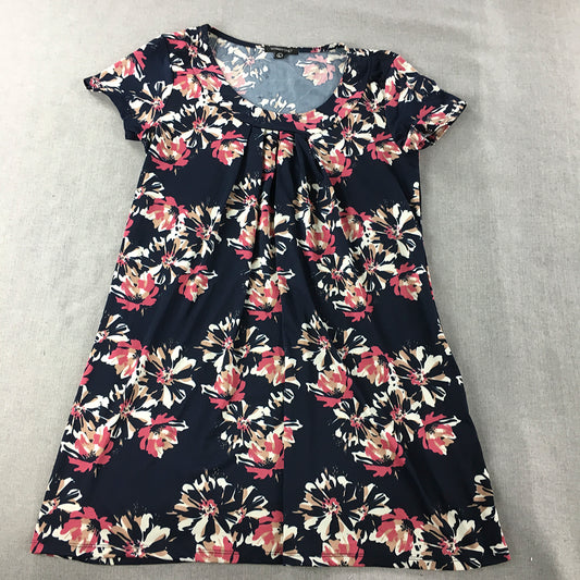 Women Only Mini Dress Size L Navy Blue Floral A-Line Short Sleeve Stretch