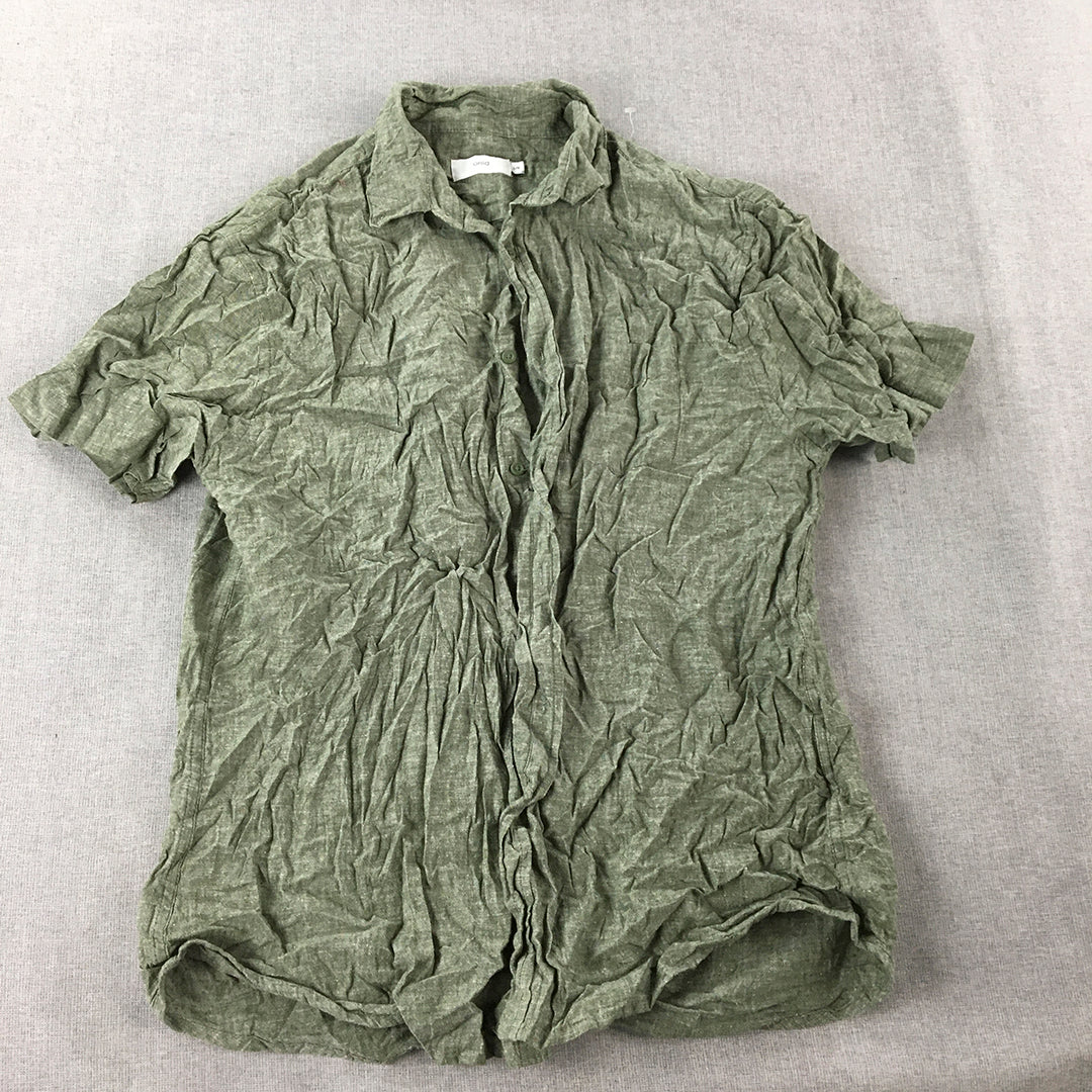 Onia Mens Linen Shirt Size L Khaki Green Short Sleeve Button-Up