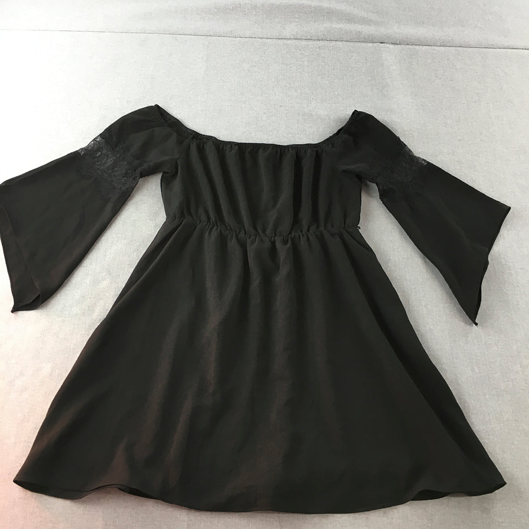 Atmos & Here Womens Mini Dress Size 16 Black Pleated A-Line Flared Sleeves