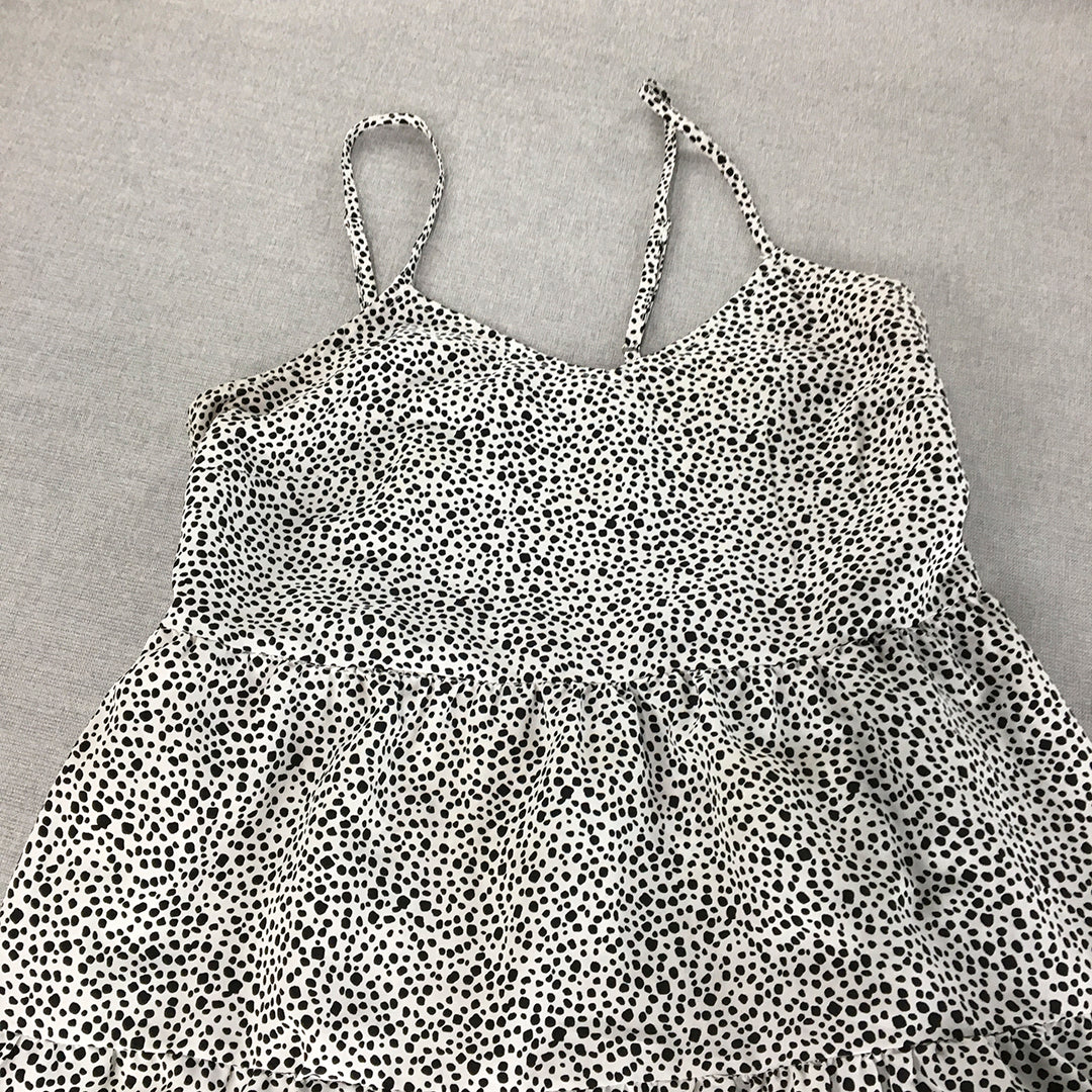 Ally Womens Mini Dress Size 12 White Black Dot Sleeveless Tiered