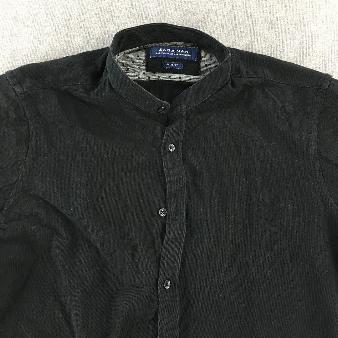 Zara Man Shirt Size L Slim Fit Long Sleeve Collarless Button-Up Black