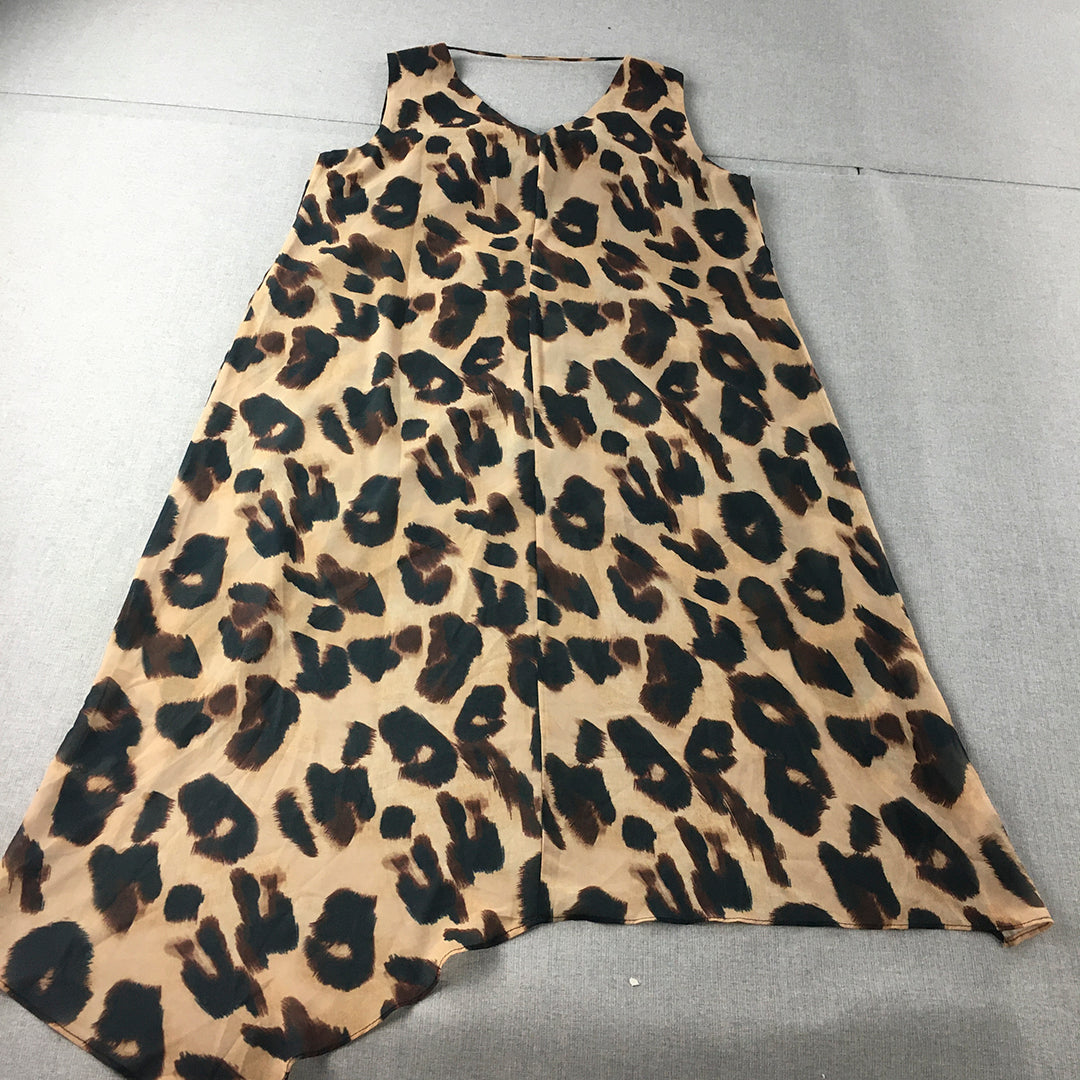 Pingpong Womens Midi Dress Size 14 Brown Cheetah Print A-Line Sleeveless