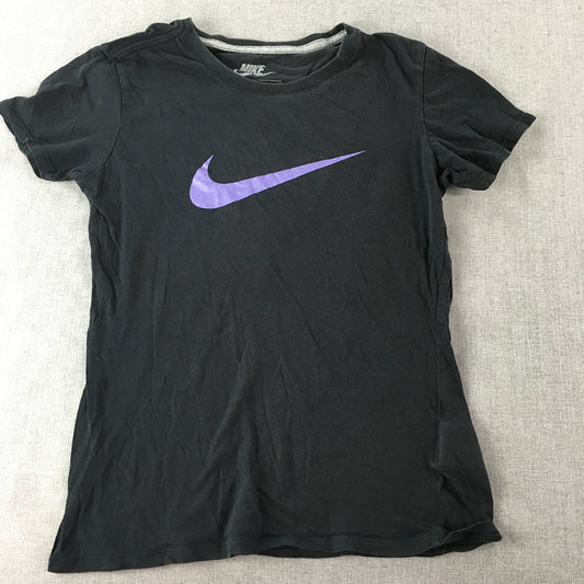 Nike Womens T-Shirt Size S Slim Fit Black Purple Big Swoosh Logo Top