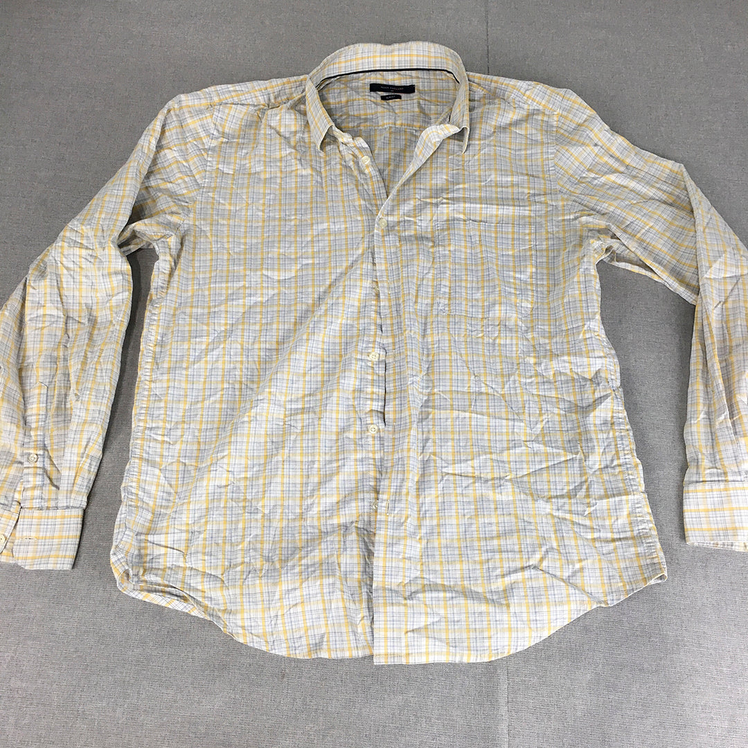 Peter England Mens Shirt Size 42 (M) Slim Fit White Yellow Checkered Button-Up