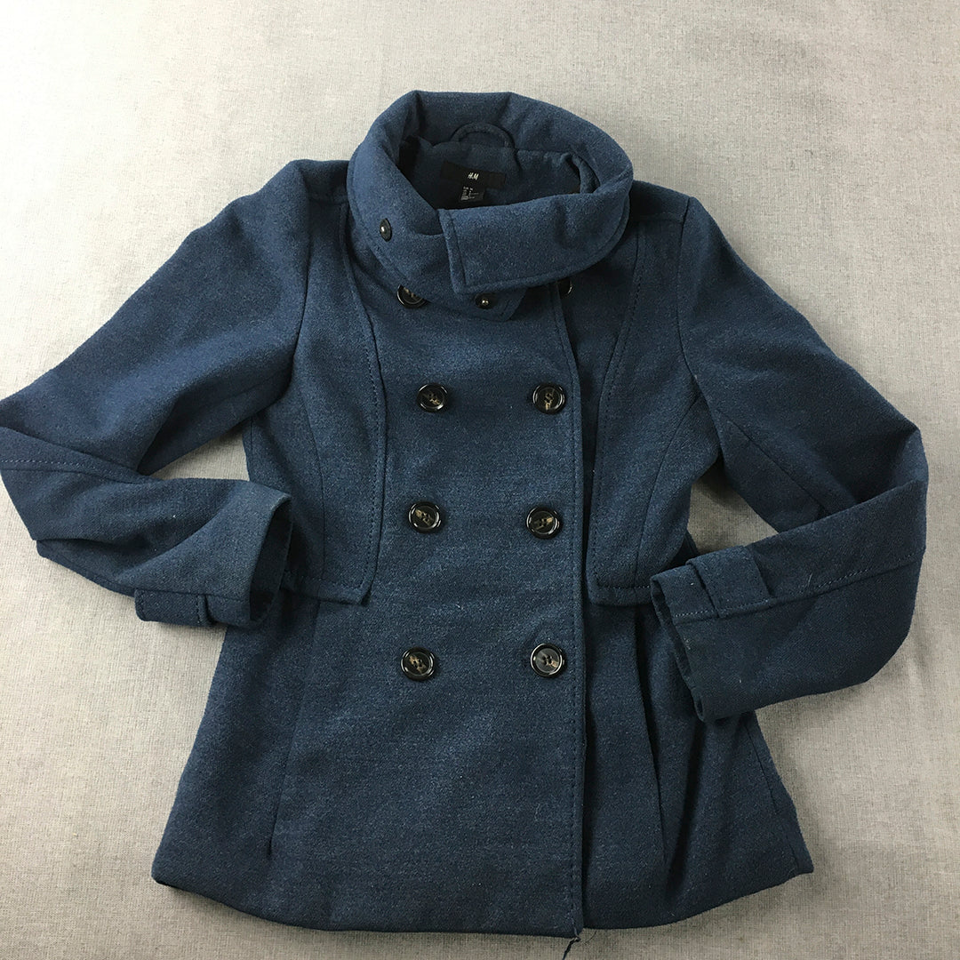 H&M Womens Double Breasted Jacket Size 4 Blue High Neck Pea Coat