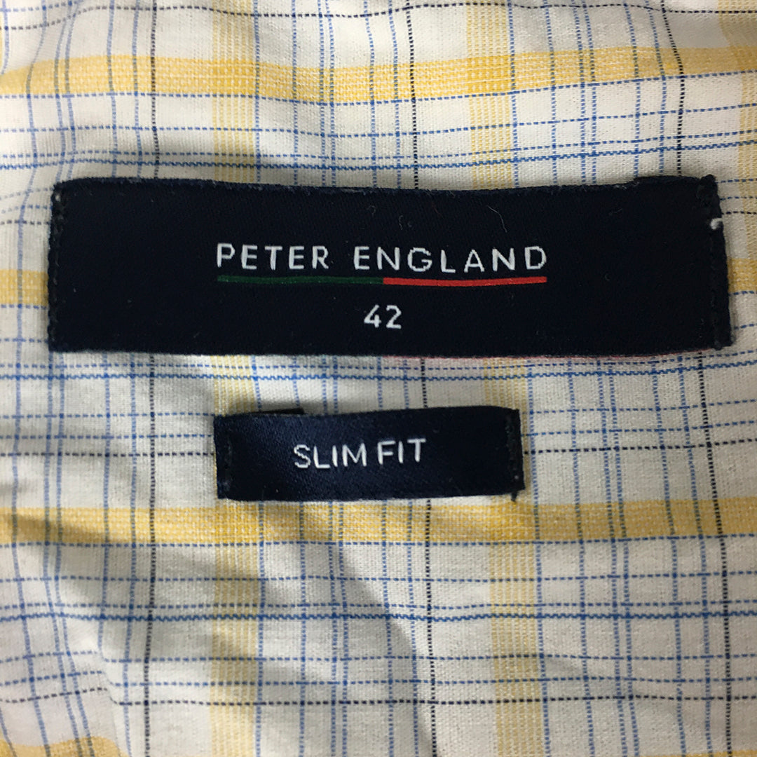 Peter England Mens Shirt Size 42 (M) Slim Fit White Yellow Checkered Button-Up