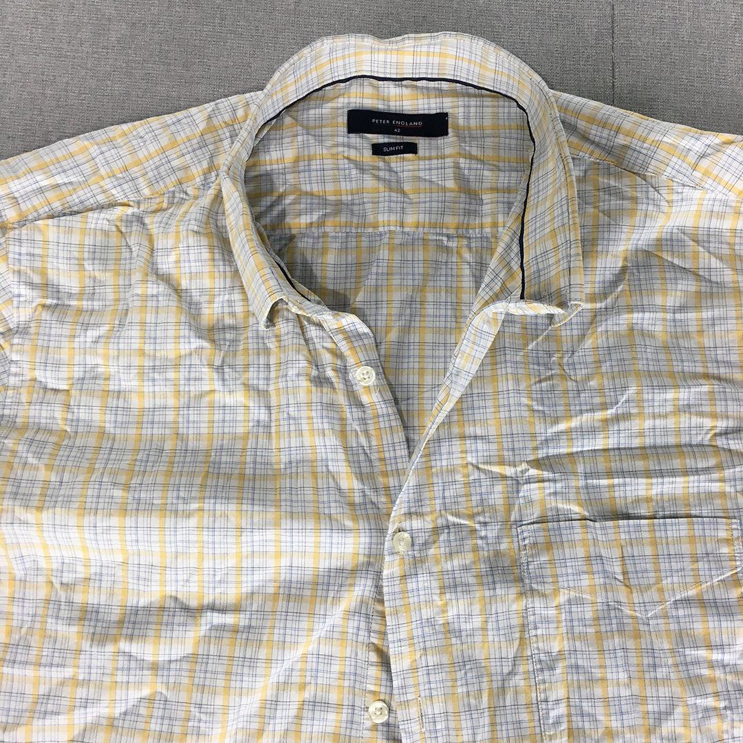 Peter England Mens Shirt Size 42 (M) Slim Fit White Yellow Checkered Button-Up