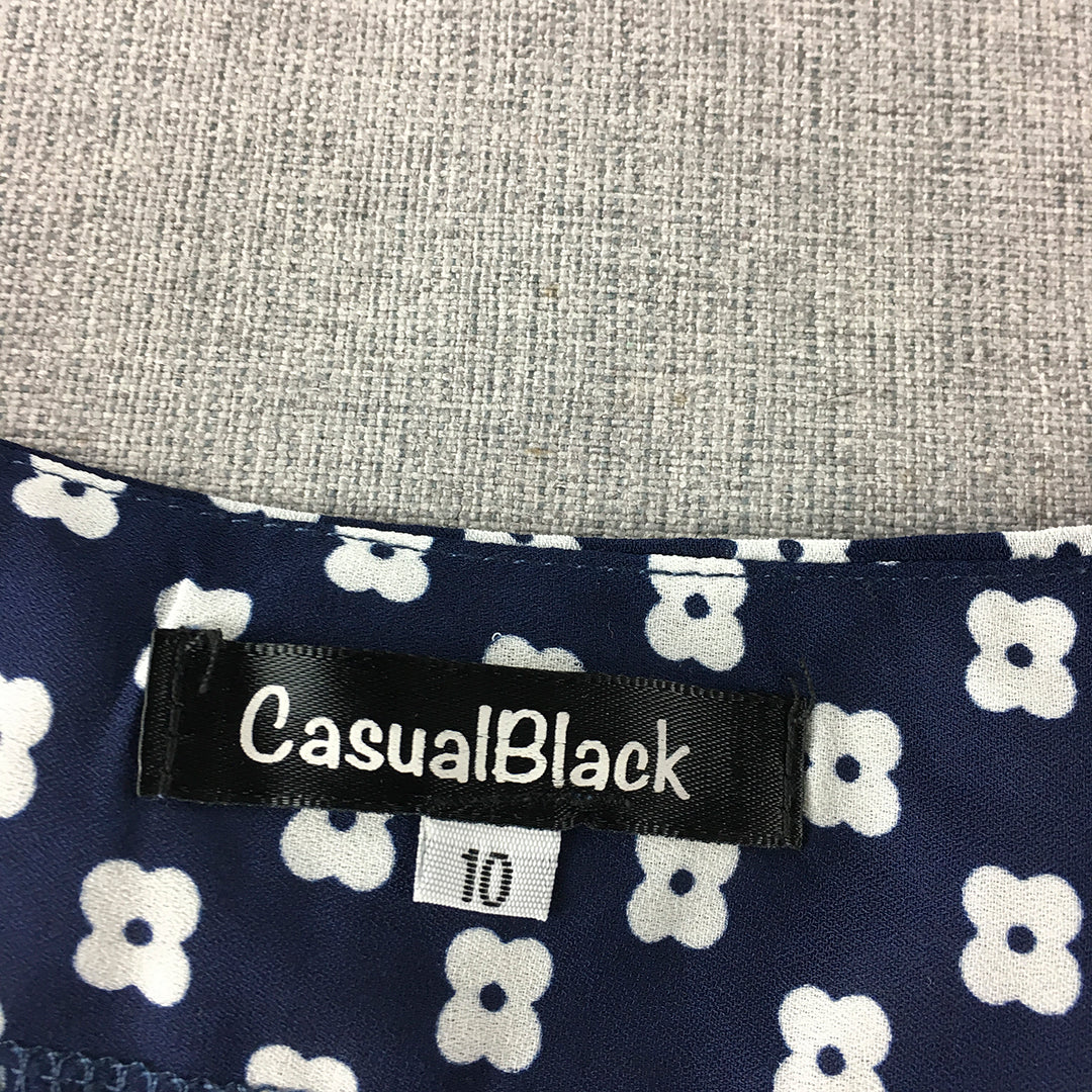 Casual Black Womens Top Size 10 Blue Floral Button-Up Short Sleeve Cropped