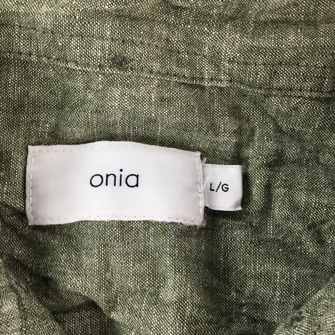 Onia Mens Linen Shirt Size L Khaki Green Short Sleeve Button-Up