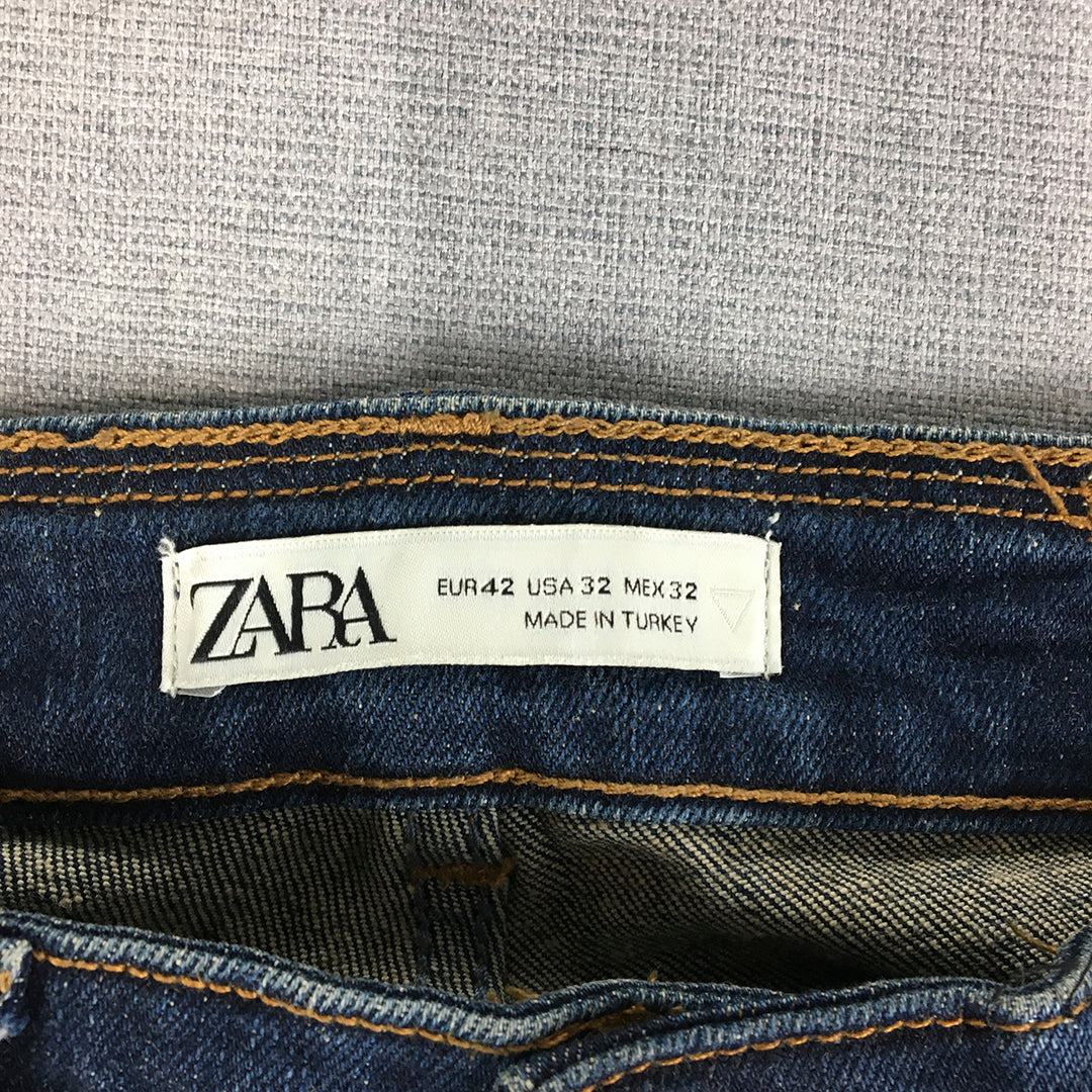 Zara Mens Skinny Jeans Size 32 Blue Dark Wash Ripped Stretch Denim