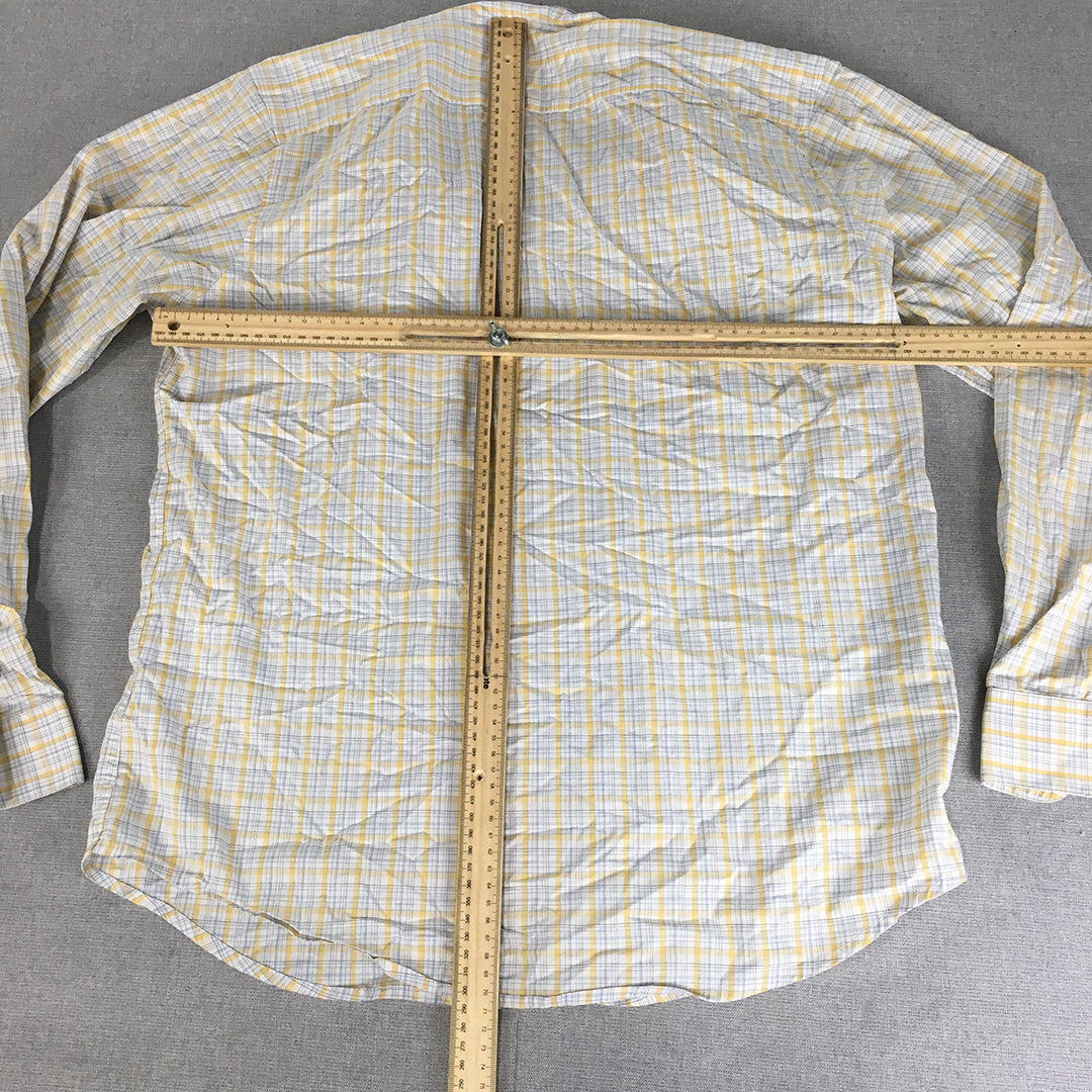 Peter England Mens Shirt Size 42 (M) Slim Fit White Yellow Checkered Button-Up