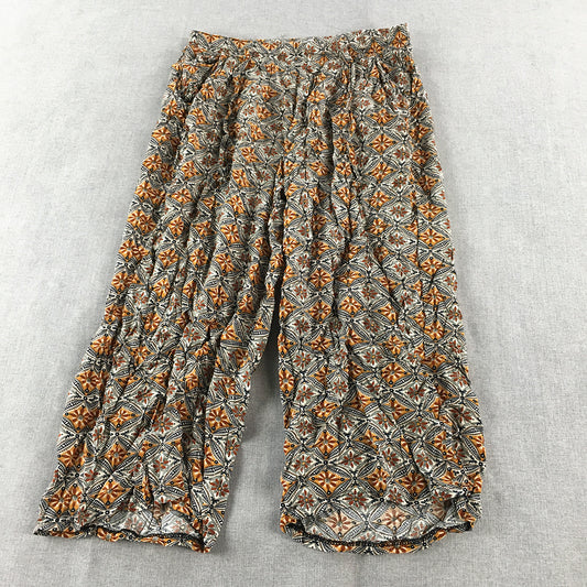 Chic Lady Womens Wide-Leg Pants Size 14 Brown White Floral 3/4 Length