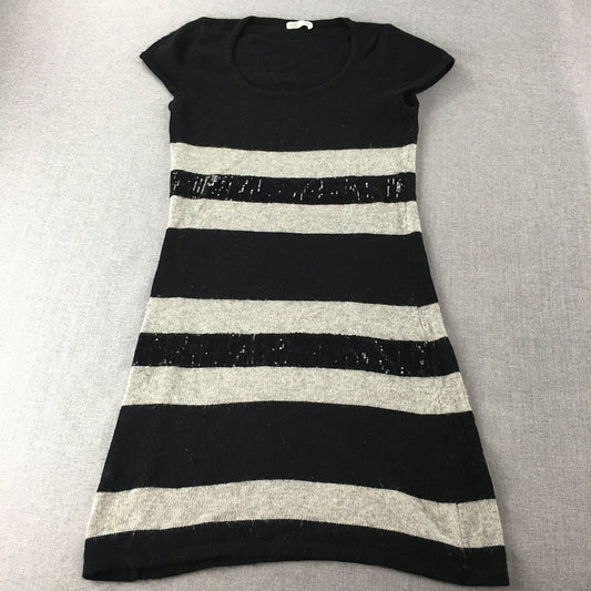 Promod Womens Knit A-Line Dress Size S Black Grey Striped Midi Short Sleeve