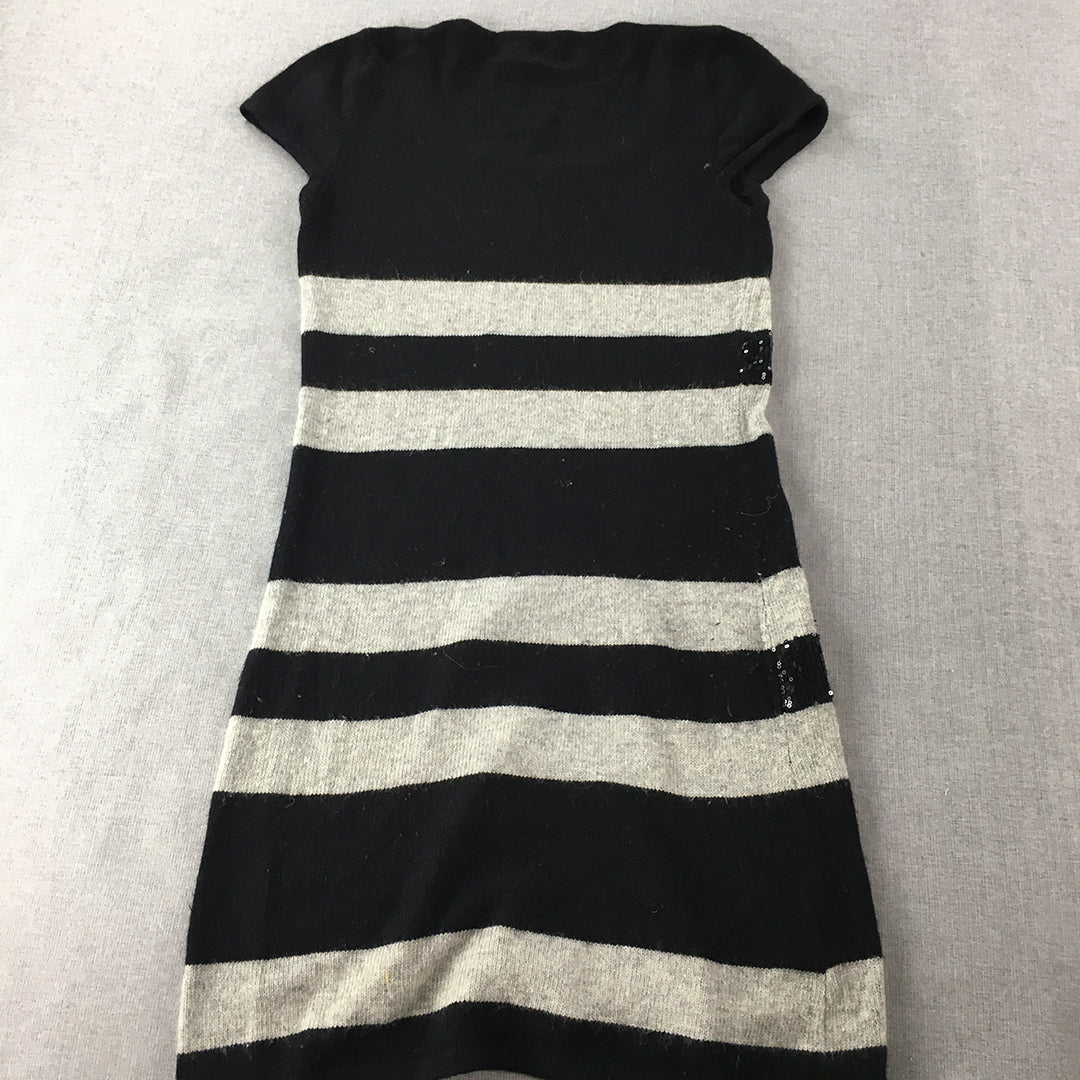 Promod Womens Knit A-Line Dress Size S Black Grey Striped Midi Short Sleeve