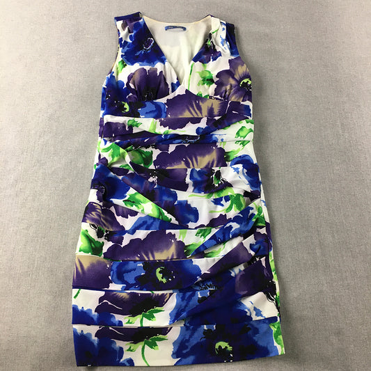 Mei Mei Womens Ruched Mini Dress Size 10 Blue Purple White Floral Bodycon