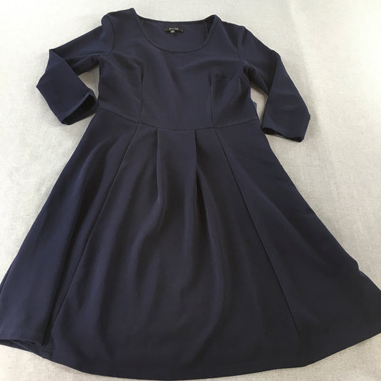 Flower Talk Womens A-Line Dress Size 12 Navy Blue Pleated Midi Long Sleeve