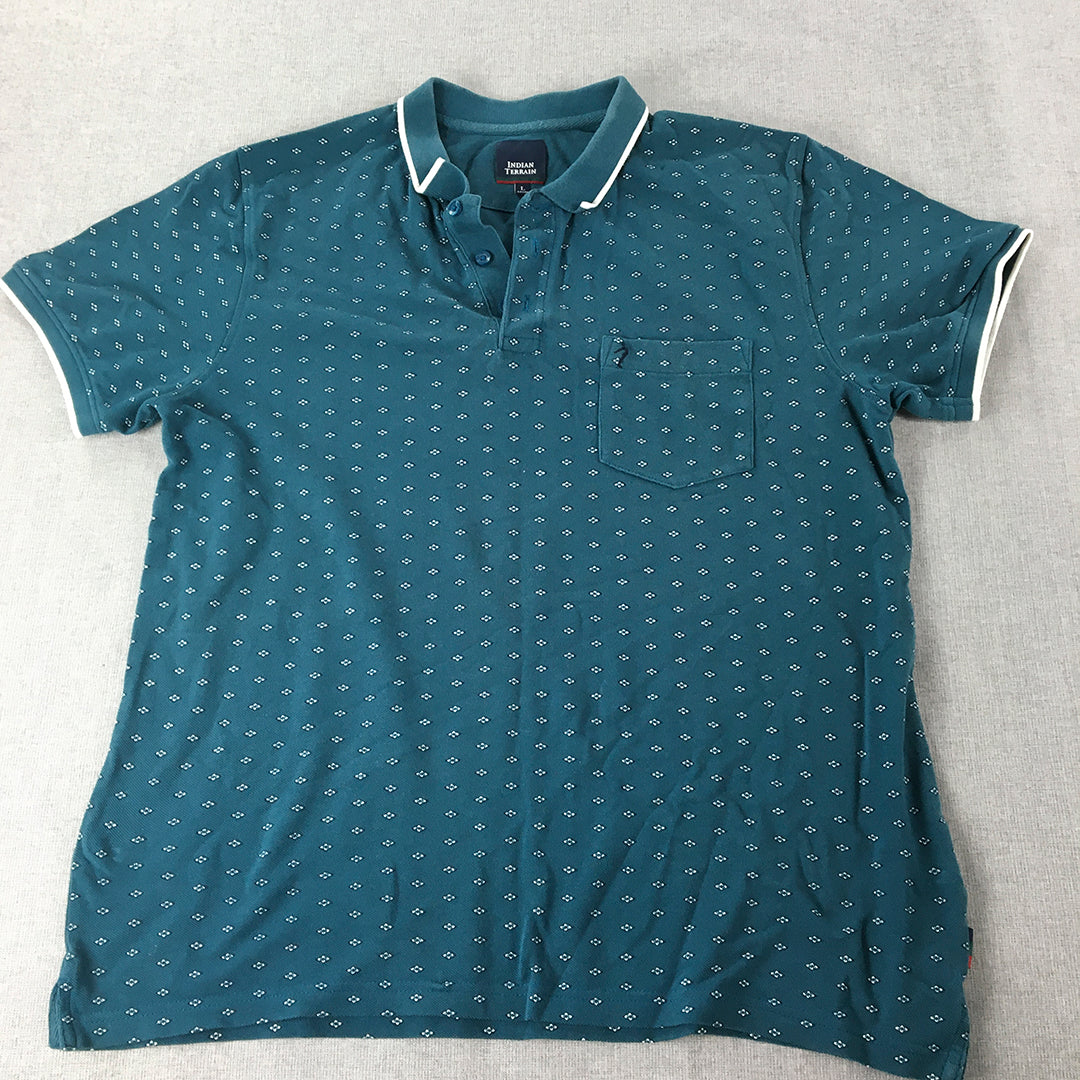 Indian Terrain Mens Polo Shirt Size L Blue Floral Dot Short Sleeve Pocket Rugby