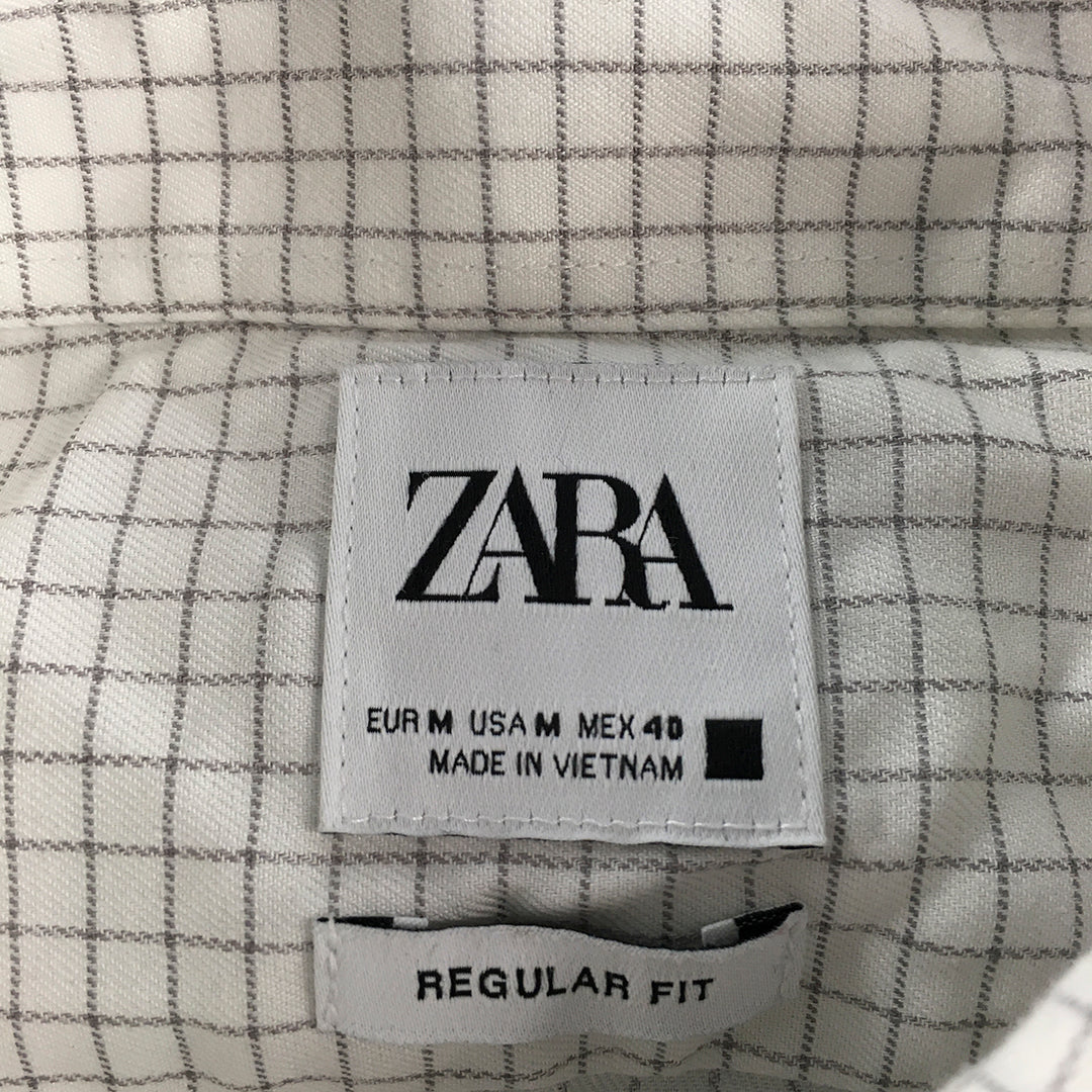 Zara Mens Shirt Size M White Checkered Long Sleeve Button-Up Collared