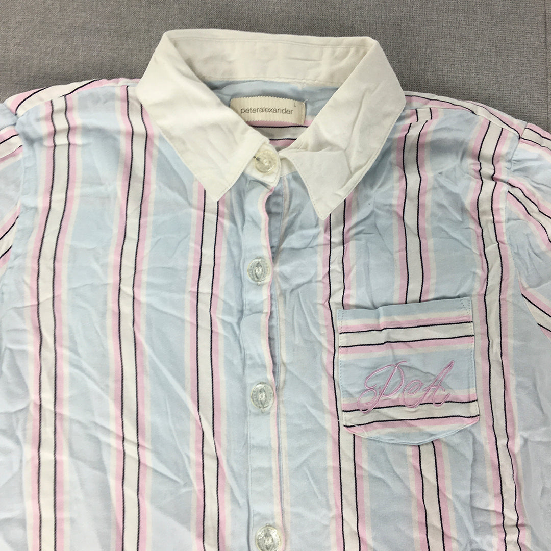 Peter Alexander Womens Sleep Shirt Size L Blue Pink Striped Button Up Pajama Top