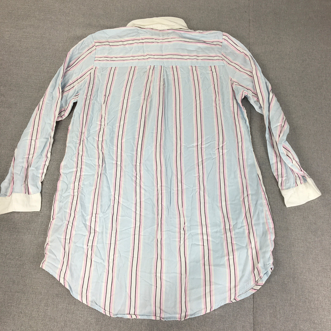 Peter Alexander Womens Sleep Shirt Size L Blue Pink Striped Button Up Pajama Top