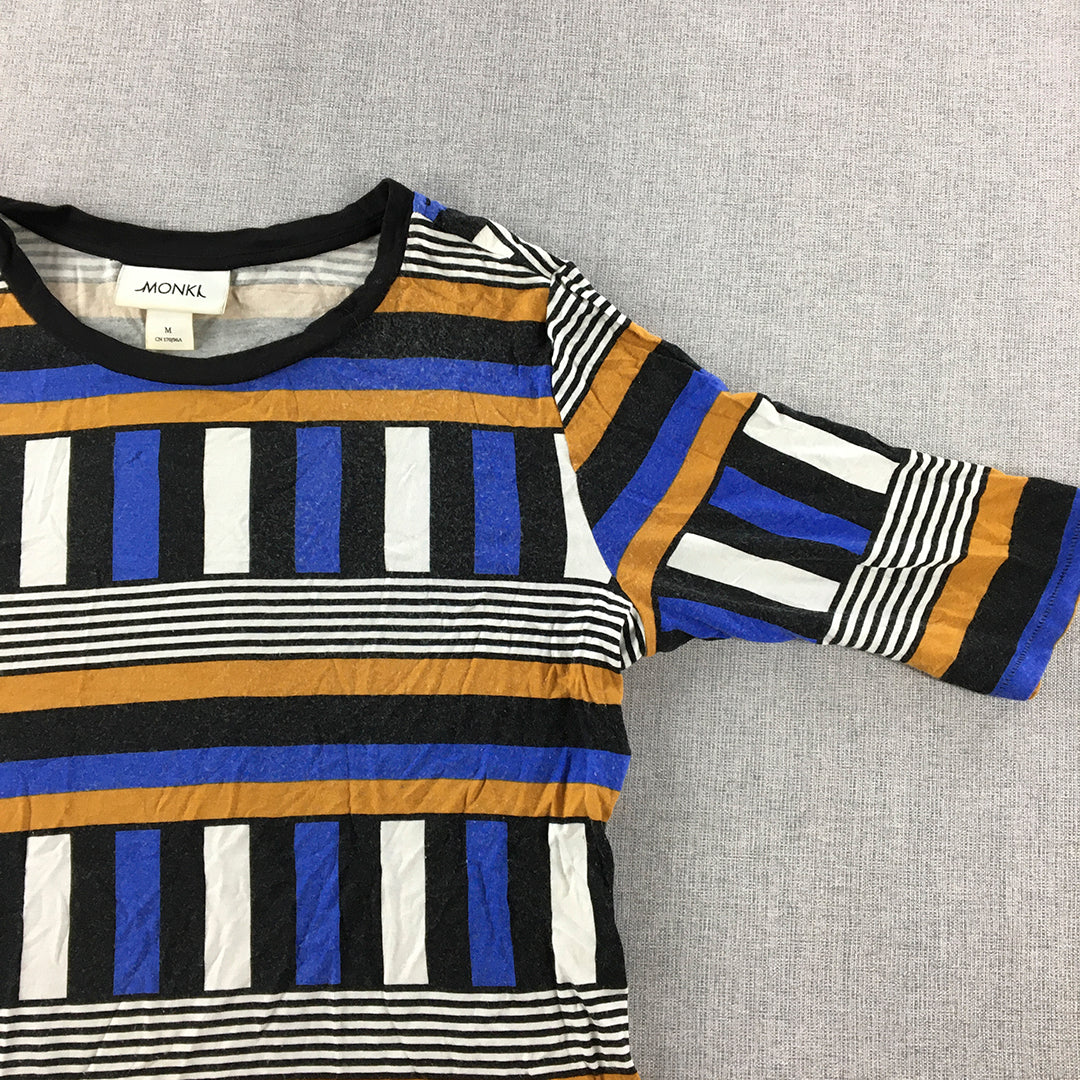 Monki Womens Top Size M Blue Yellow Striped Short Sleeve Shirt