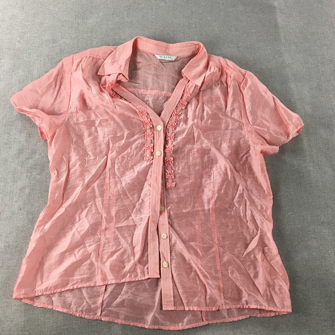 W Lane Womens Top Size 14 Pink Sheer Button-Up Short Sleeve Collared