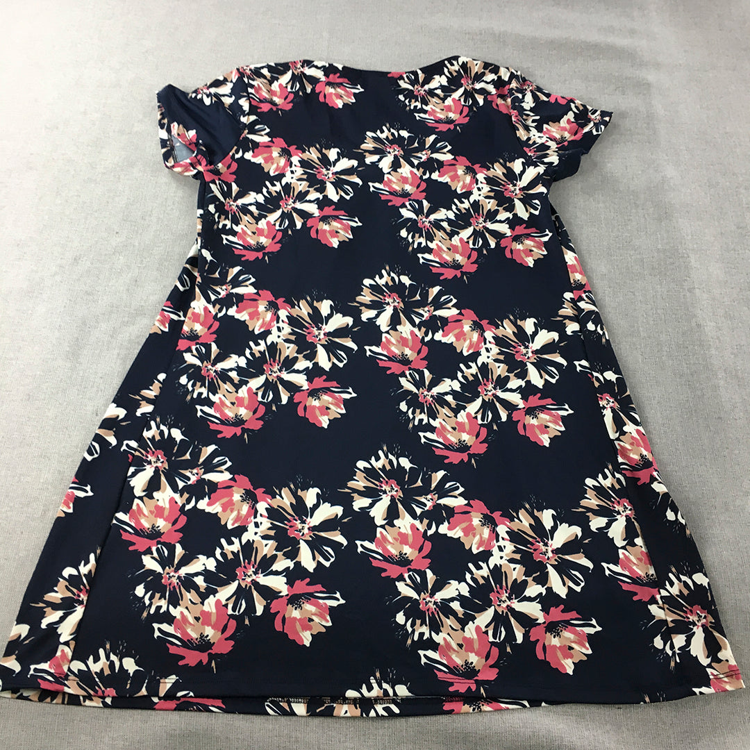 Women Only Mini Dress Size L Navy Blue Floral A-Line Short Sleeve Stretch