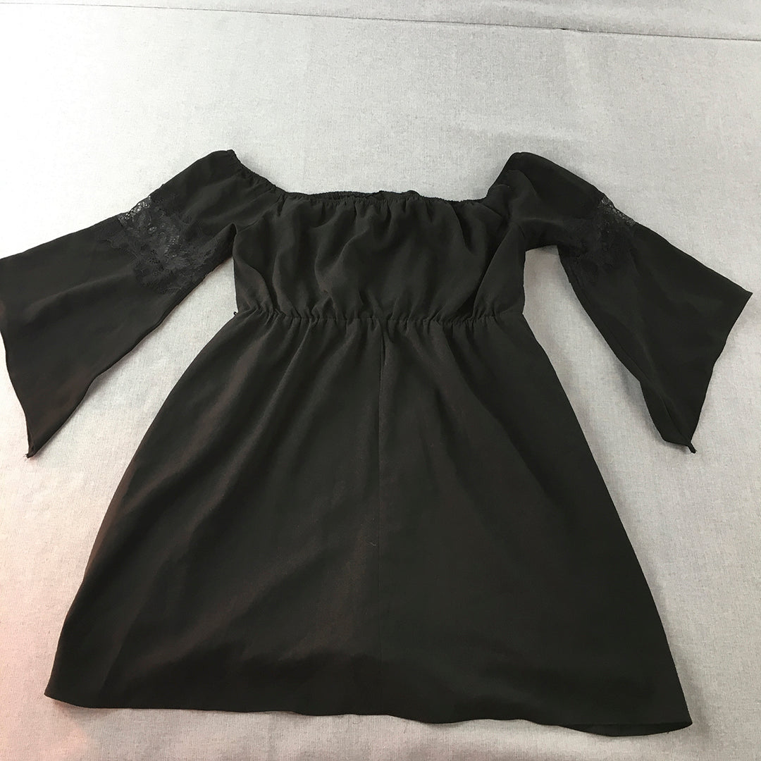 Atmos & Here Womens Mini Dress Size 16 Black Pleated A-Line Flared Sleeves