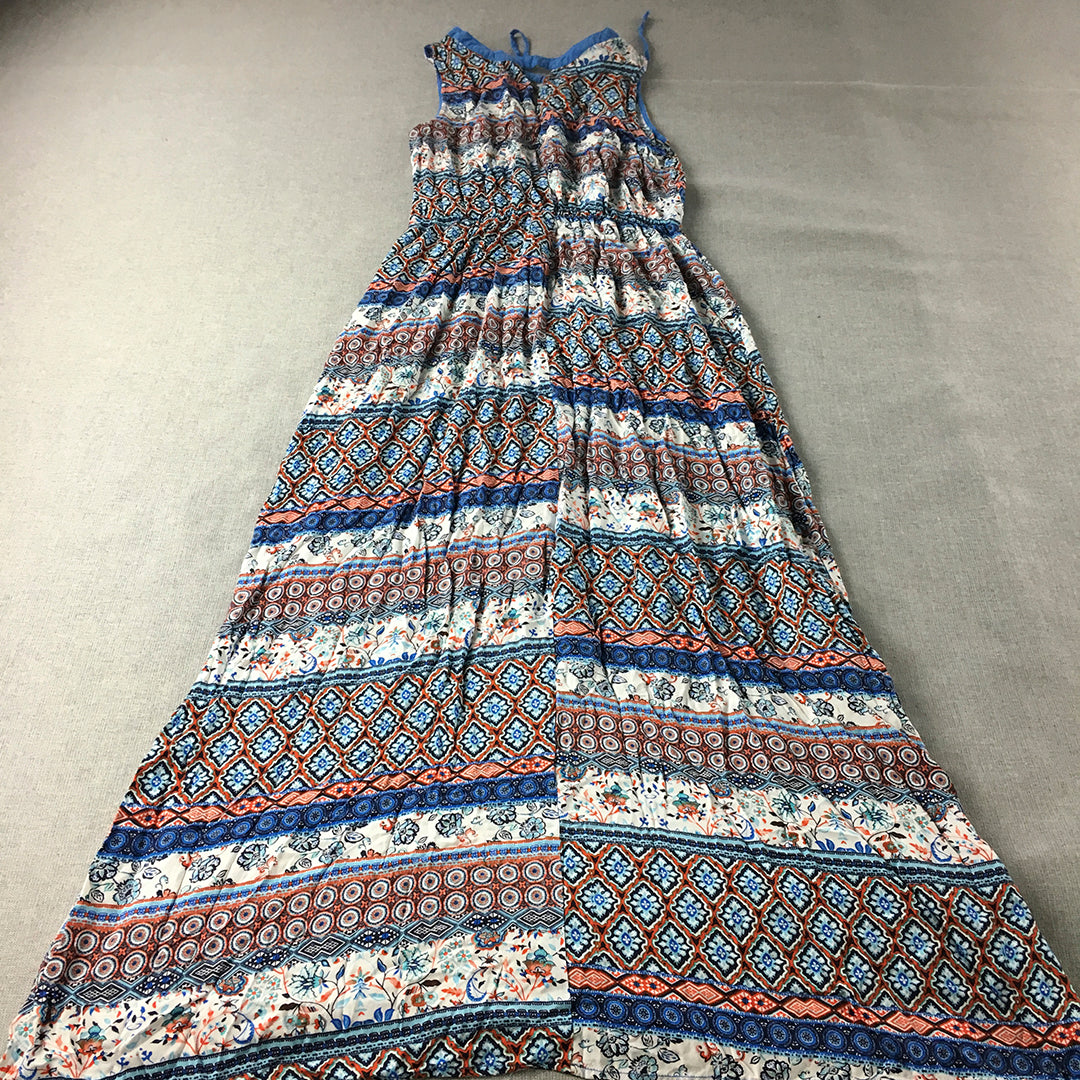 Valleygirl Womens Maxi Dress Size 10 Blue White Striped Floral A-Line Drawstring