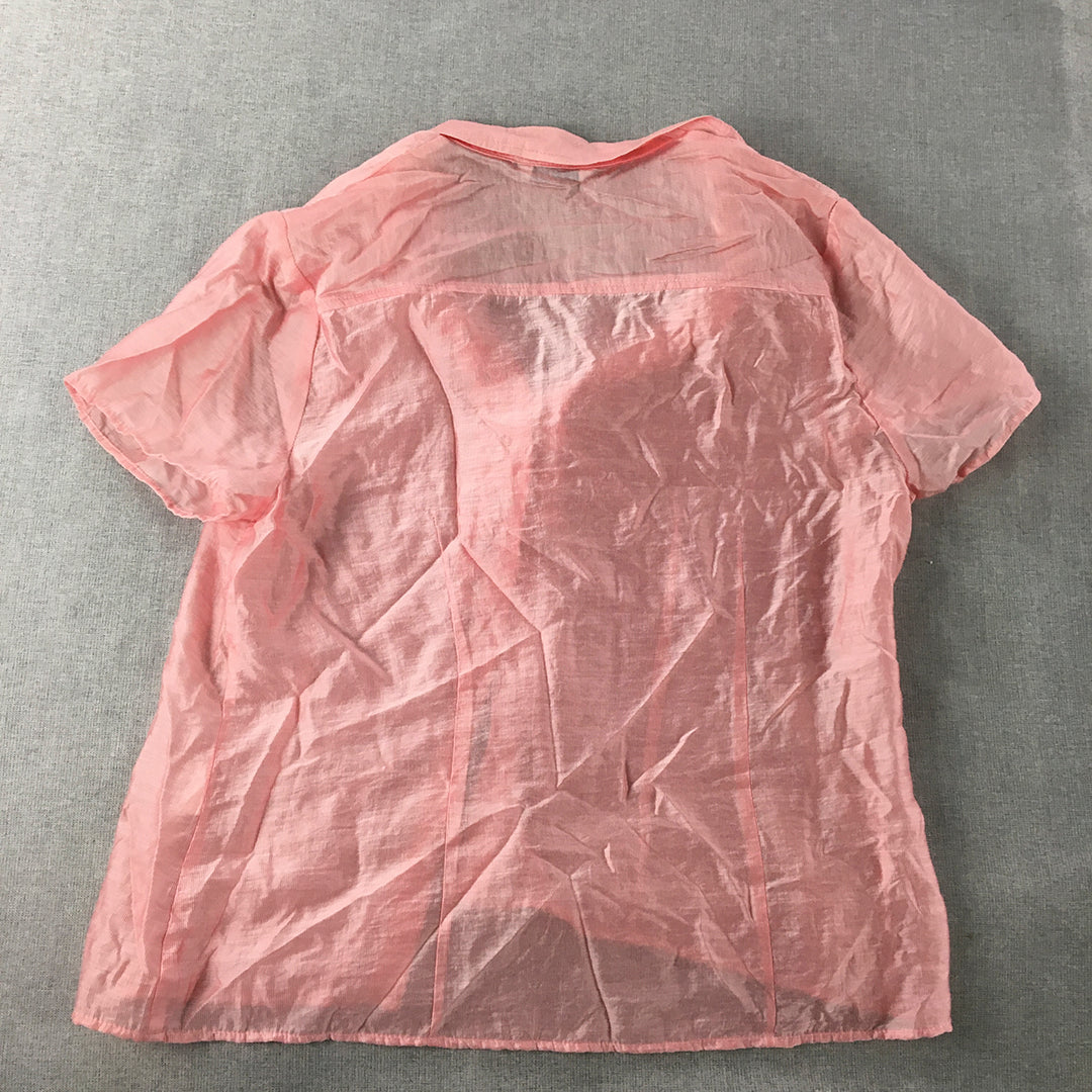 W Lane Womens Top Size 14 Pink Sheer Button-Up Short Sleeve Collared